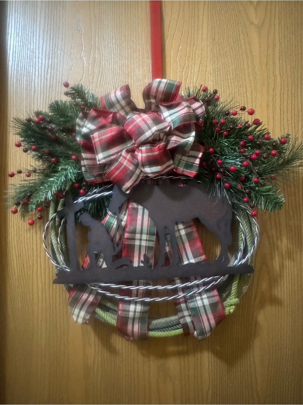 Holiday Plaid Pine & Berry Wreath with Cow Silhouette